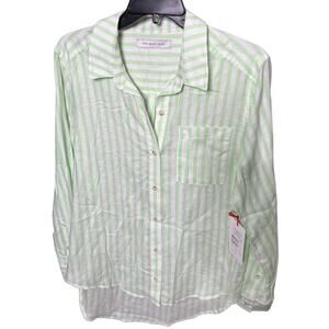 The Good Jane button up long sleeve shirt light green white stripe NWT